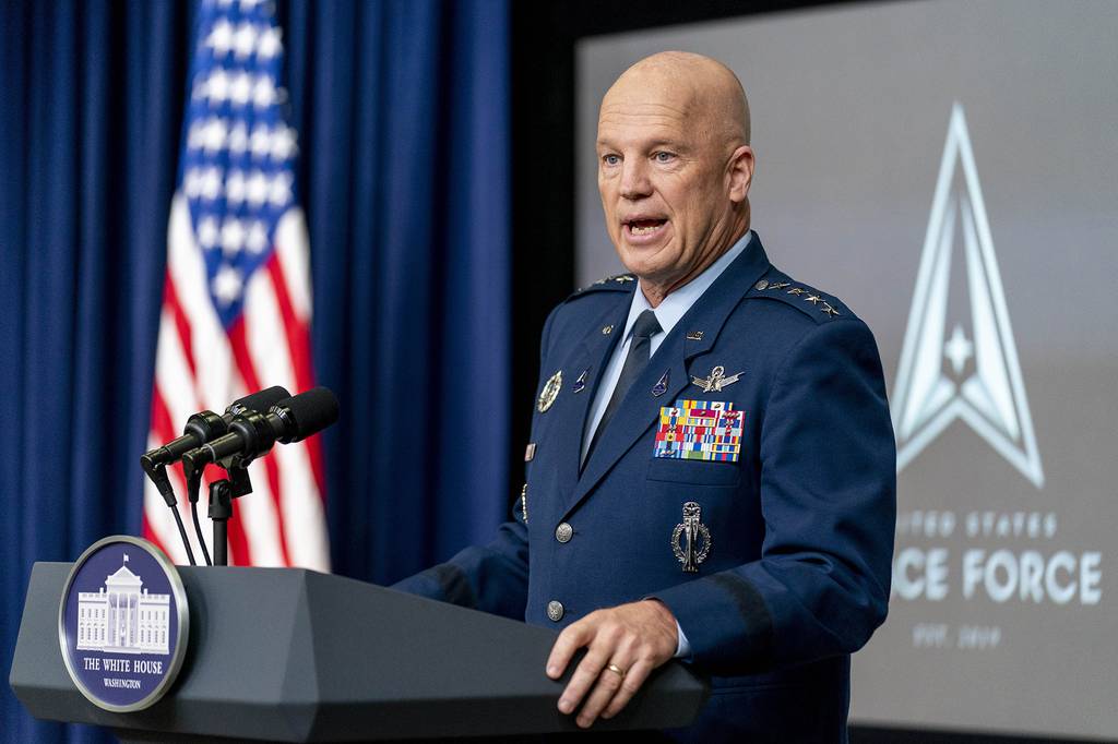 Chief of Space Operations at U.S. Space Force Gen. John Raymond speaks at a ceremony to commemorate the first birthday of the U.S. Space Force at the Eisenhower Executive Office Building on the White House complex on Dec. 18, 2020, in Washington.