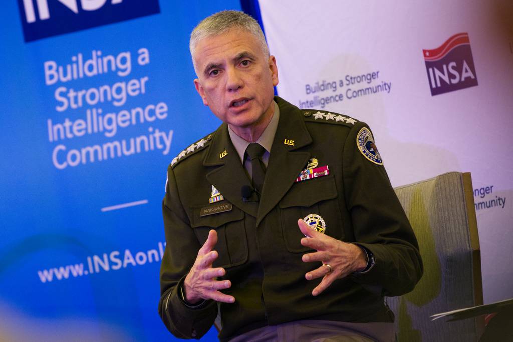 U.S. Army Gen. Paul Nakasone, leader of Cyber Command, speaks Dec. 8, 2023, at an Intelligence and National Security Alliance event in Arlington, Virginia.
